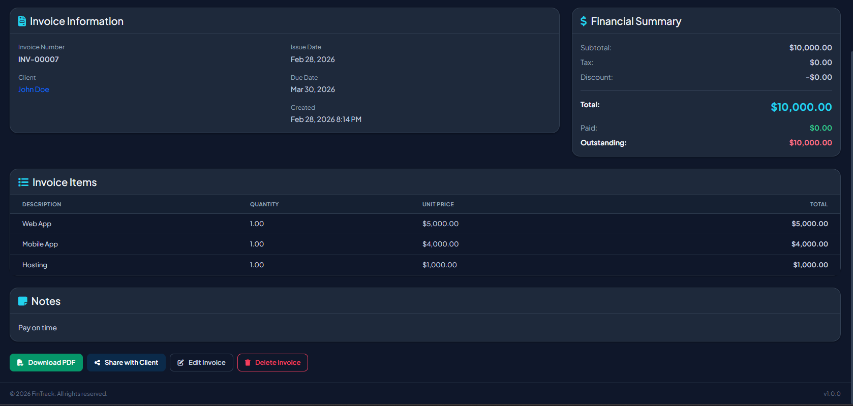 FinTrack free invoice generator — create professional PDF invoices for freelancers