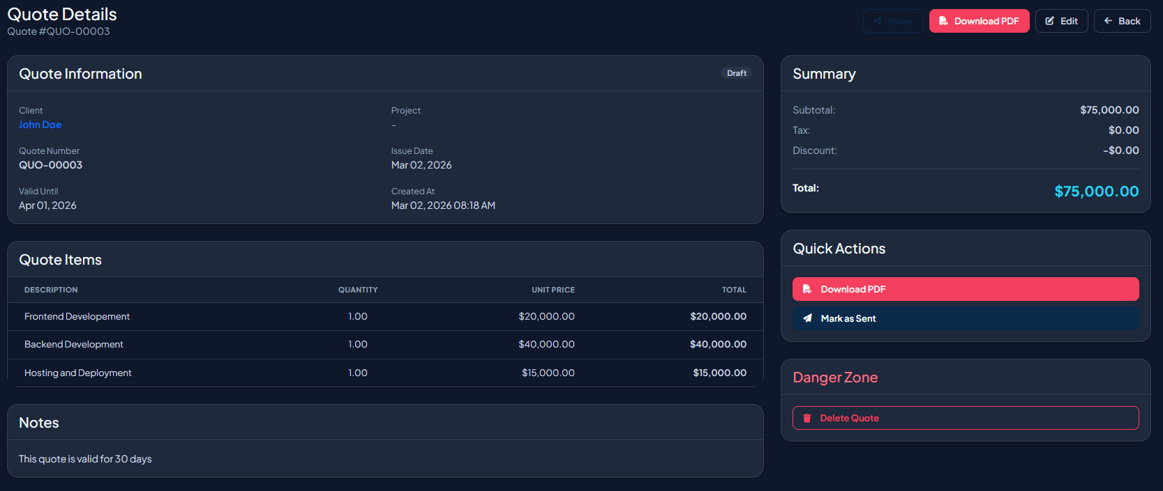FinTrack free quotation builder — send professional quotes and convert them to invoices