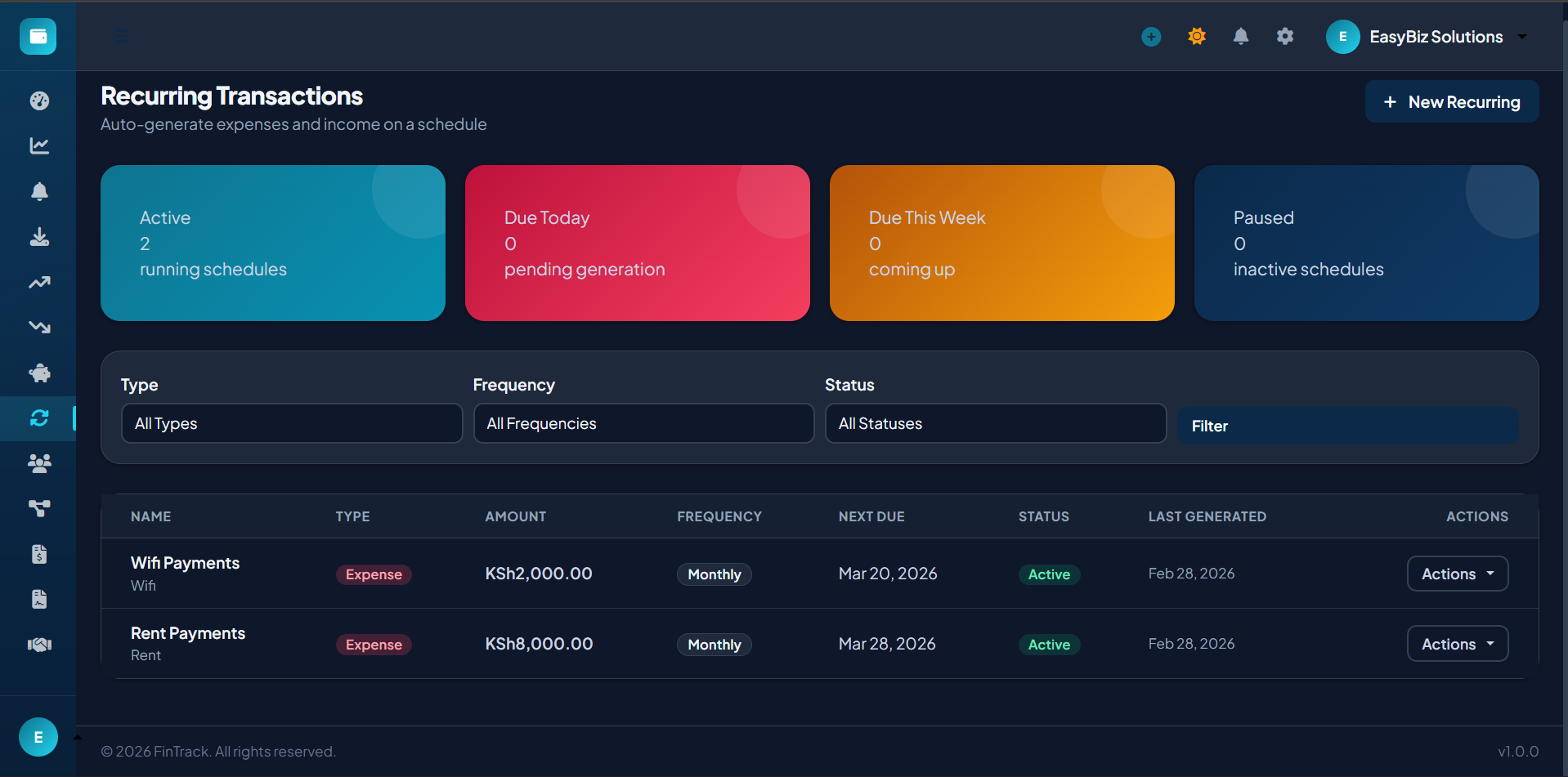 FinTrack Recurring Transactions — automate regular records